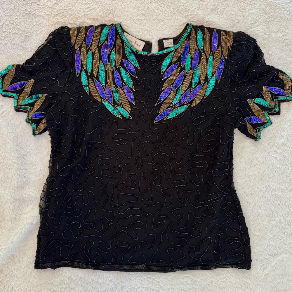 Lawrence Kazar vintage silk beaded blouse top EVC size